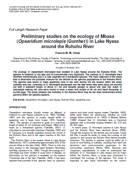 Opsaridium Preliminary studies on the ecology of Mbasa (Opsaridium microlepis ...